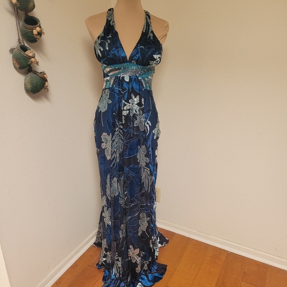 Nina Austin Elegant Blue Silk BeadedFloral Evening Dress - Picture 1 of 8
